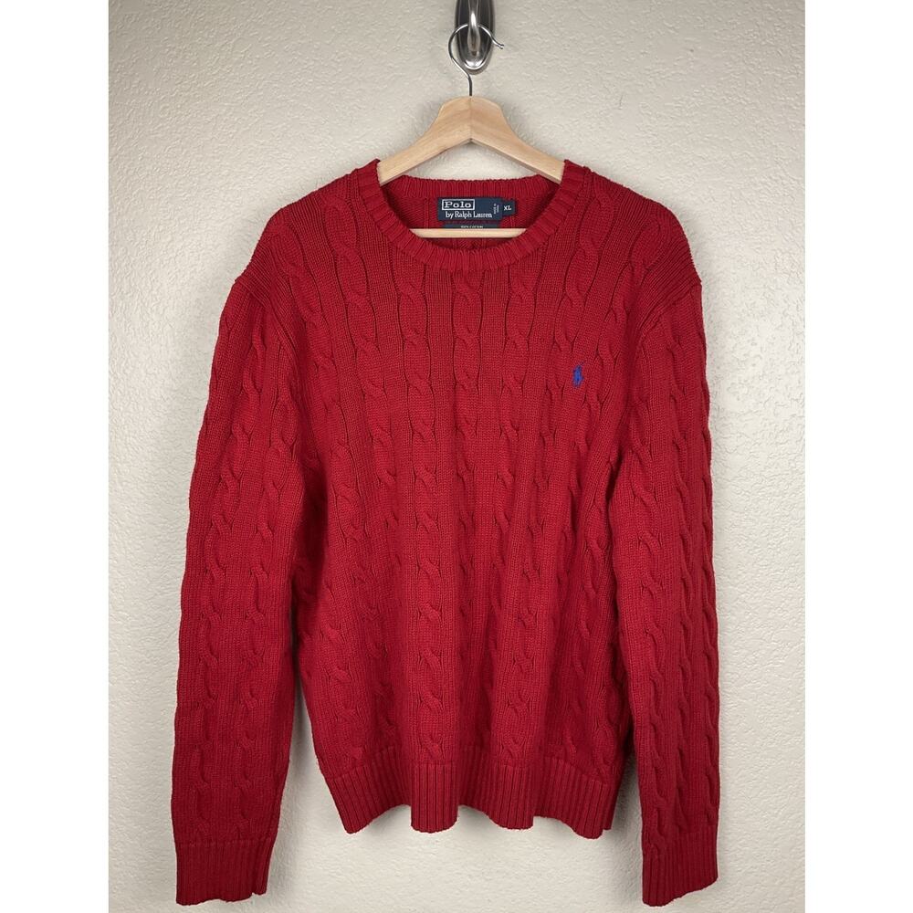 Polo Ralph Lauren Sweater Men’s XL RED Cable-Knit Crew Neck Long Sleeve Preppy